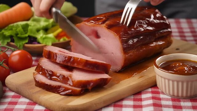 Slicing succulent glazed ham on wooden board, ready for a delicious meal