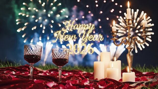 Two wine glasses filled with red wine sit on a table covered in rose petals, with candles and fireworks in the background celebrating Happy New Year 2026.