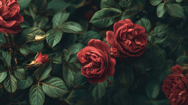 Deep red rose with layered petals and green leaves in vintage style floral composition conveying romantic mood and textured detail
