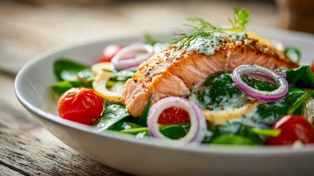 Grilled salmon fillet served on a fresh spinach salad with cherry tomatoes, lemon slices, red onion rings, and creamy dressing in a white bowl on wooden table