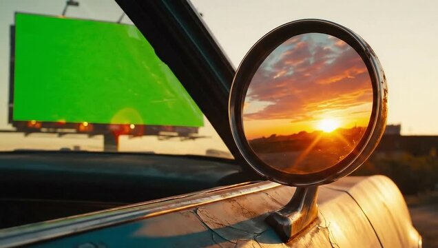 A classic car's side mirror reflecting a vibrant sunset, with a green billboard.