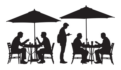  Silhouettes of people dining and being served at outdoor cafe tables under umbrellas