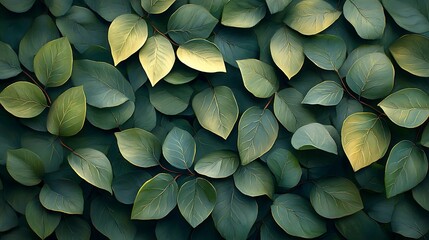Dense pattern of lush green leaves with subtle yellow highlights and vines foliage photo
