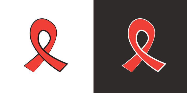Sticker , label and poster of AIDS AWARENESS MONTH and DAY. Red ribbon symbol of december world aids month. Doodle style red support ribbon isolated on grey and white background.