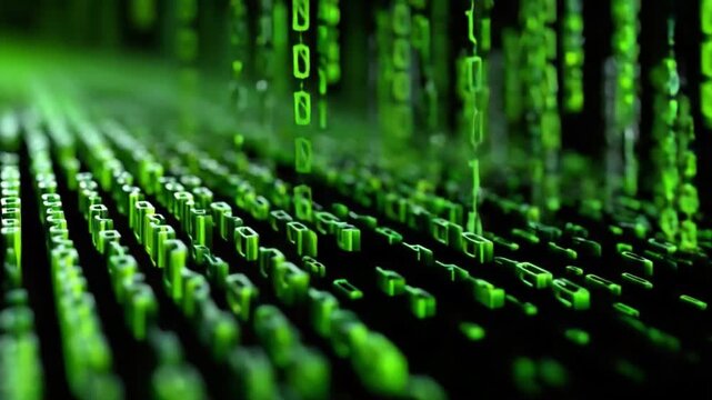 Digital Rain: Futuristic digital rain of binary code cascades down, representing the flow of data in the digital realm.  It visualizes the core essence of modern technology and data streams