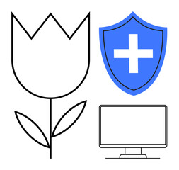 Obraz premium Black tulip outline, blue shield with cross symbol, and computer monitor visualize safety, nature, and modern technology. Ideal for cybersecurity, health, eco-tech and innovation themes. Simple flat