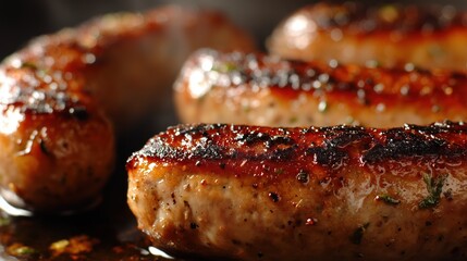 Cooked Sausages with Seasonings on Grill Pan
