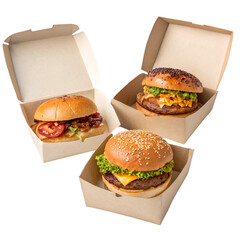 Hamburger in a box take away food different versions isolated on white background