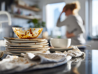 Unwashed dirty dishes stacked on kitchen countertop with a stressed woman in the background overwhelmed by housework and daily chores on a sunny day