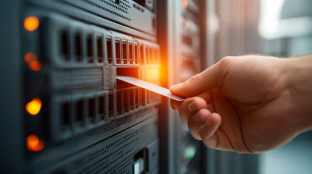 Technician inserting a solid-state drive into a server rack in a data center with glowing indicator lights showcasing modern technology maintenance and upgrades