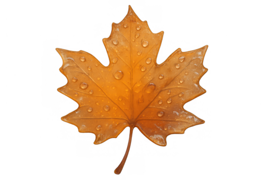Wet orange maple leaf with many water drops highlighting autumn season changing colors, transparent background