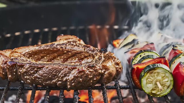 thick steak and vegetable skewers (zucchini, pepper, onion) cooking over intense flames and smoke on a backyard charcoal grill, capturing the essence of summer outdoor cooking and barbecue flavor.