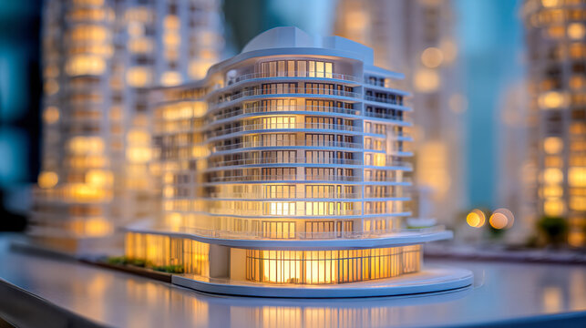 Illuminated architectural model of a modern curved glass building showcasing urban development with surrounding high-rise structures in a detailed cityscape design