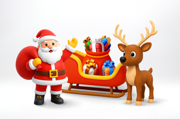 Santa Claus waving next to reindeer with sleigh full of Christmas gift box. Holiday 3d vector illustration for greeting card.