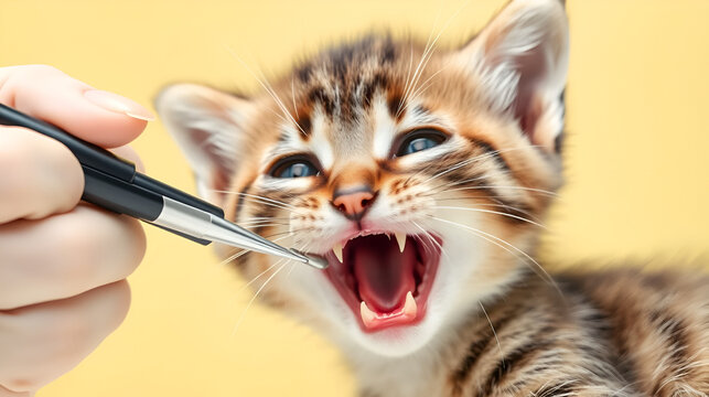 Examination of milk teeth tongue in a 1 or 2 month old kitten Dentistry for cats place for text. Creative Banner. Copyspace image