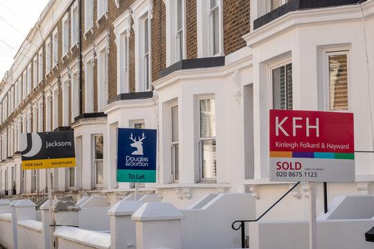 LONDON- Jacksons, Douglas & Gordon, and KFH estate agents signs in Balham area of South West London