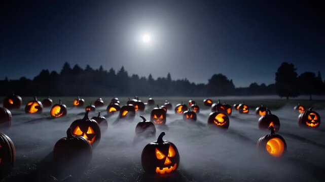 A Moonlit Pumpkin Patch Shining Brightly on a Quiet Halloween Night