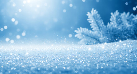 Sparkling snow landscape with fir branch creating a magical winter wonderland scene, perfect for holiday designs or seasonal promotions