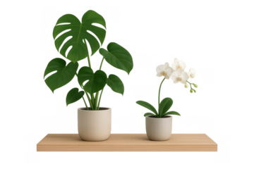 Potted monstera deliciosa and white orchid plants sitting on a wooden shelf, nature decor on transparent background