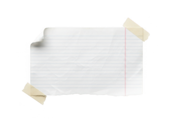 A torn piece of lined paper, taped to a transparent background with two pieces of tape