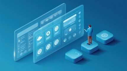 Isometric 3D illustration of a man interacting with digital interfaces on transparent panels, set against a blue background with platform elements