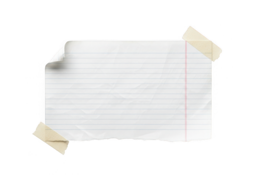 A torn piece of lined paper, taped to a transparent background with two pieces of tape