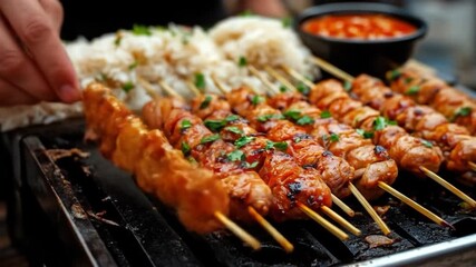 Grilled skewers with rice and sauce. Food preparation with hand reaching in. Cooked food