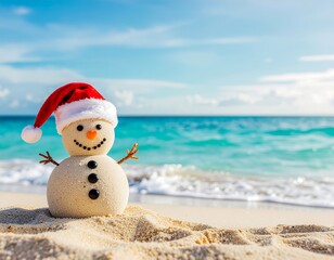 Happy Sandy snowman with a red Santa hat enjoying a warm Christmas vacation on a tropical beach by the sea