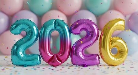 Colorful 2026 balloons celebrate the upcoming new year celebration
