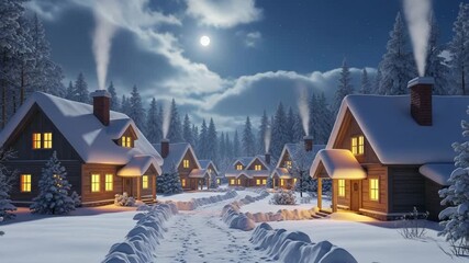 Winter village at night with snow-covered houses cozy lights and full moon in blue sky christmas landscape 3d illustration - Powered by Adobe