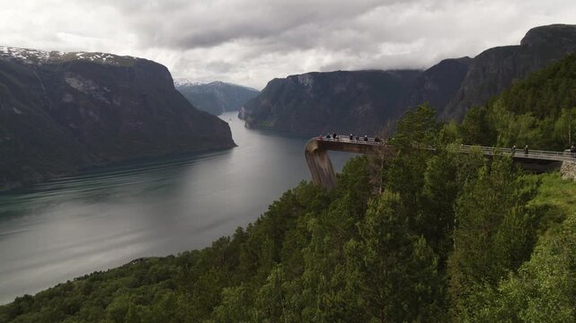 Aerial view of the Stegastein viewpoint, offering panoramic vistas of the fjord and mountains, a blend of nature and architecture, Aurland, Vestland, Norway.