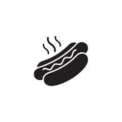 Hot Dog Icon Simple Black Glyph, Steaming Sausage in a Bun with Mustard, Vector Illustration for Fast Food Logo.
