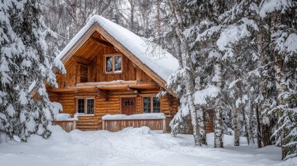 Rustic wooden house stands in deep winter forest. Thick fresh snow blankets roof, branches of evergreen trees, ground. Serene, picturesque scenery during cold season. Home feels cozy, warm retreat.
