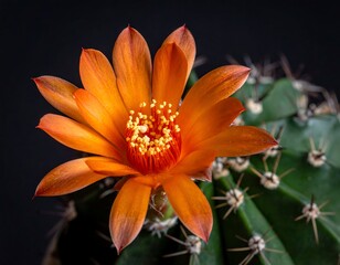 Fototapeta premium Close-up of a vibrant orange cactus flower with yellow center, black background