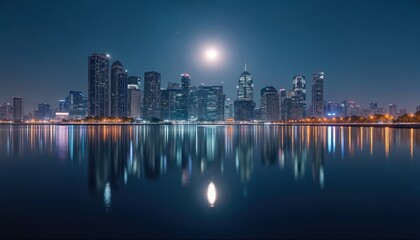 Fototapeta premium Night cityscape with skyscrapers and full moon reflecting in river. Buildings shine with light. Urban skyline glows under dark sky. City view shows towers mirrored in water with copy space.