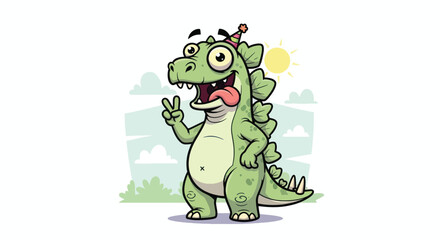 Cute cartoon dinosaur wearing a party hat and making a peace sign.