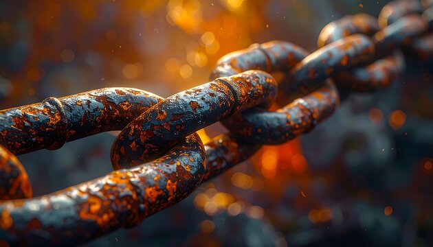 Close-up of a rusted chain, vibrant orange light creates a fiery, dynamic effect. Shallow depth of field blurs background