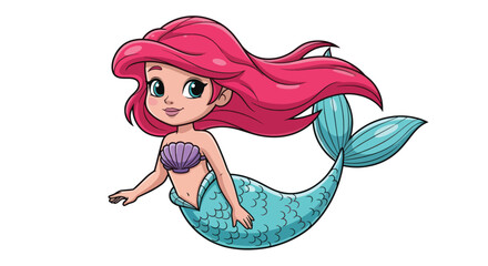Cute cartoon mermaid with pink hair and turquoise tail swimming.