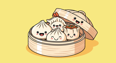 Cute Kawaii Dumplings in Bamboo Steamer Basket.