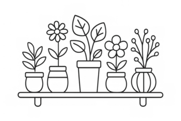 Potted plants and flowers in pots on a shelf, line art drawing with transparent background portraying home gardening theme