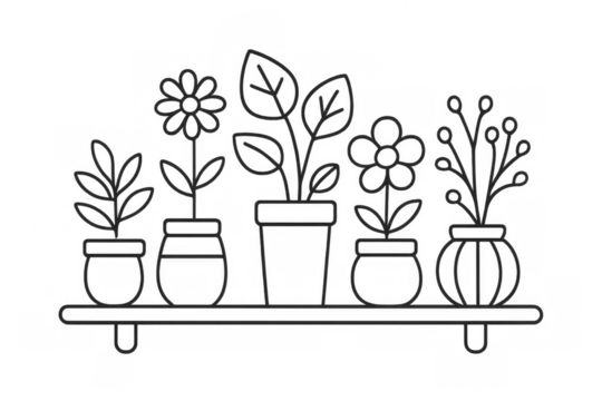 Potted plants and flowers in pots on a shelf, line art drawing with transparent background portraying home gardening theme - Powered by Adobe
