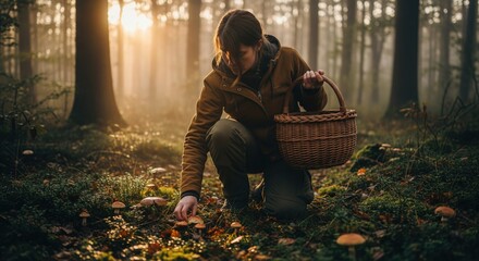 Woman foraging for mushrooms in a sunlit forest