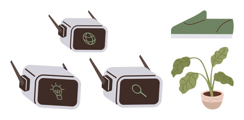 Virtual reality headsets with globe, lightbulb, and magnifying glass icons, paired with eco-conscious themes thumbs up a green shoe and leafy potted plant. Ideal for technology, innovation