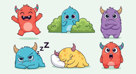 Cute Monsters Collection Expressing Various Emotions and Actions.