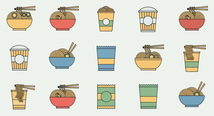 Collection of Instant Noodle Bowls and Cups with Chopsticks.