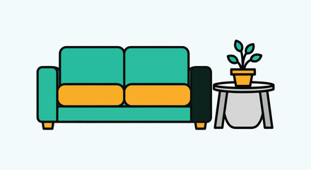 Modern Teal Sofa with Orange Cushions and Potted Plant.
