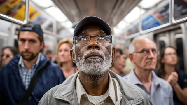 Urban Commute: An intimate portrayal of individuals on a subway, offering a candid glimpse into the diversity of human experiences, amidst the backdrop of city life.