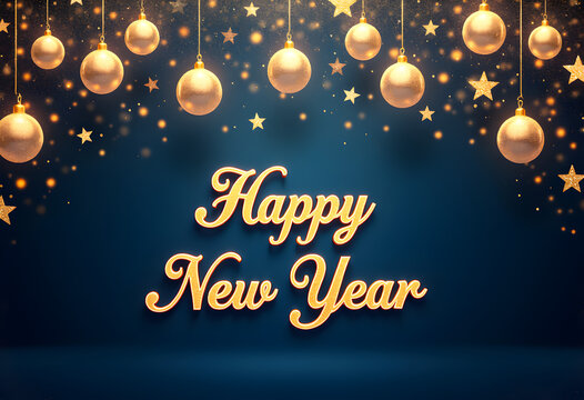 Happy new year background with gold baubles stars and golden text decorations