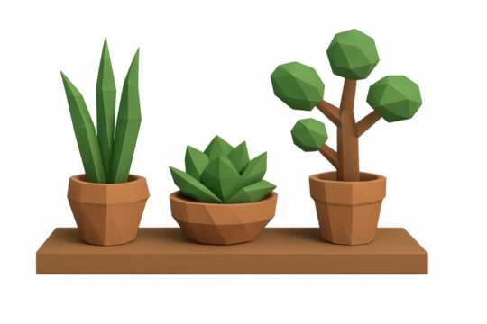 Low poly house plants on shelf, modern digital art render with varied succulents and trees