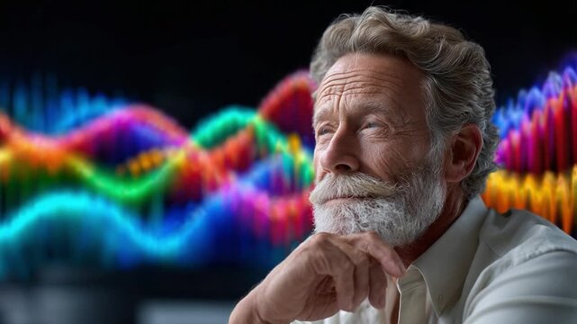 Scientist in Thought: A distinguished scientist, with a thoughtful gaze, contemplates the intricate patterns of a complex scientific phenomena, against a backdrop of vibrant, colorful visual data